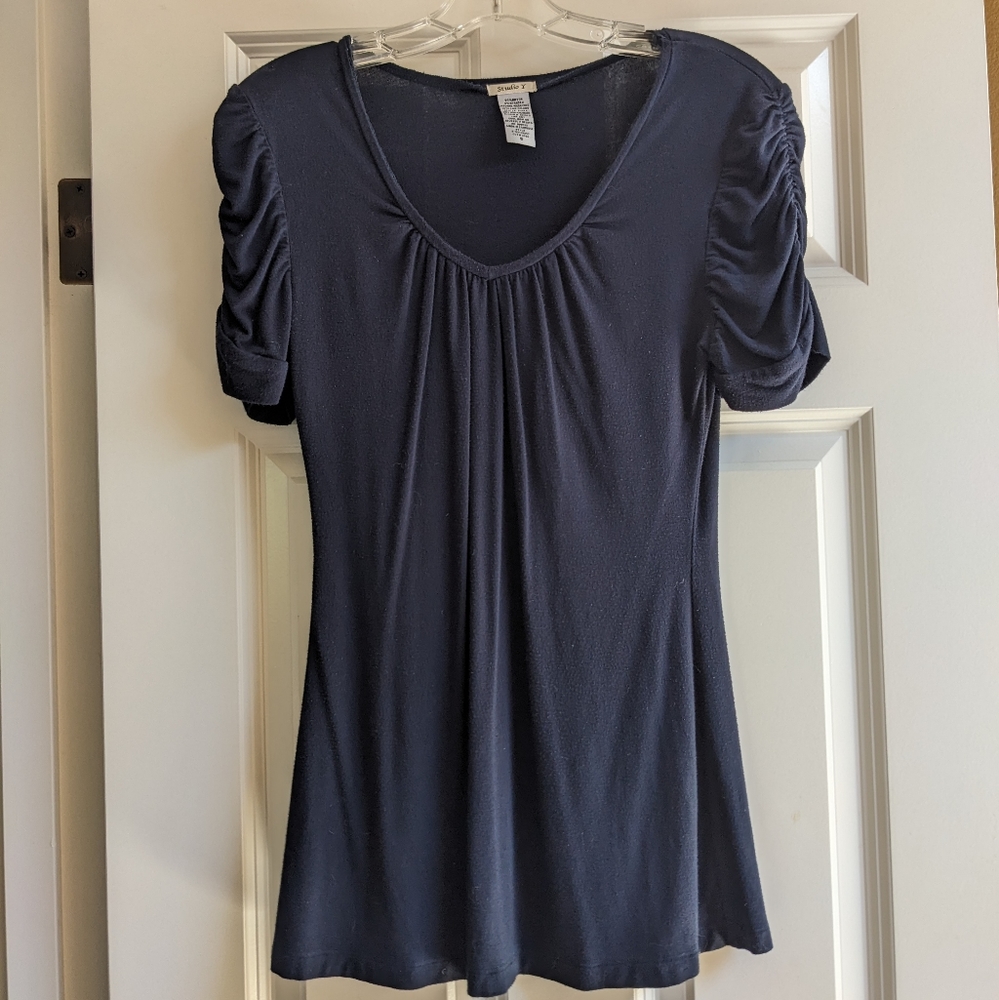 Studio Y Navy Ruched Sleeve Fitted Top